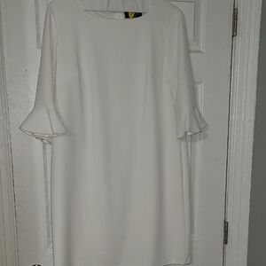 Kasper White Long Sleeve Dress with Ruffle Detail